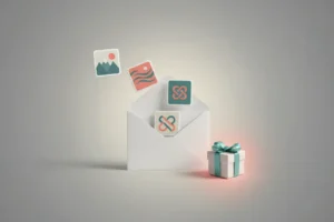 Central envelope collects photo tiles, with a small gift box beside it on a soft gradient background.