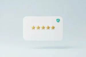 Email card with five gold stars and a checkmark shield on a soft gradient, symbolizing trusted SaaS testimonials in email campaigns.
