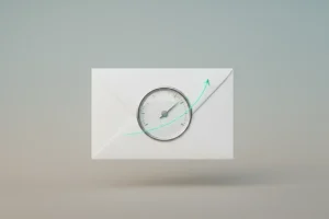 Minimalist envelope with a glowing gauge and rising line on a soft background, symbolizing focus on one key email metric.